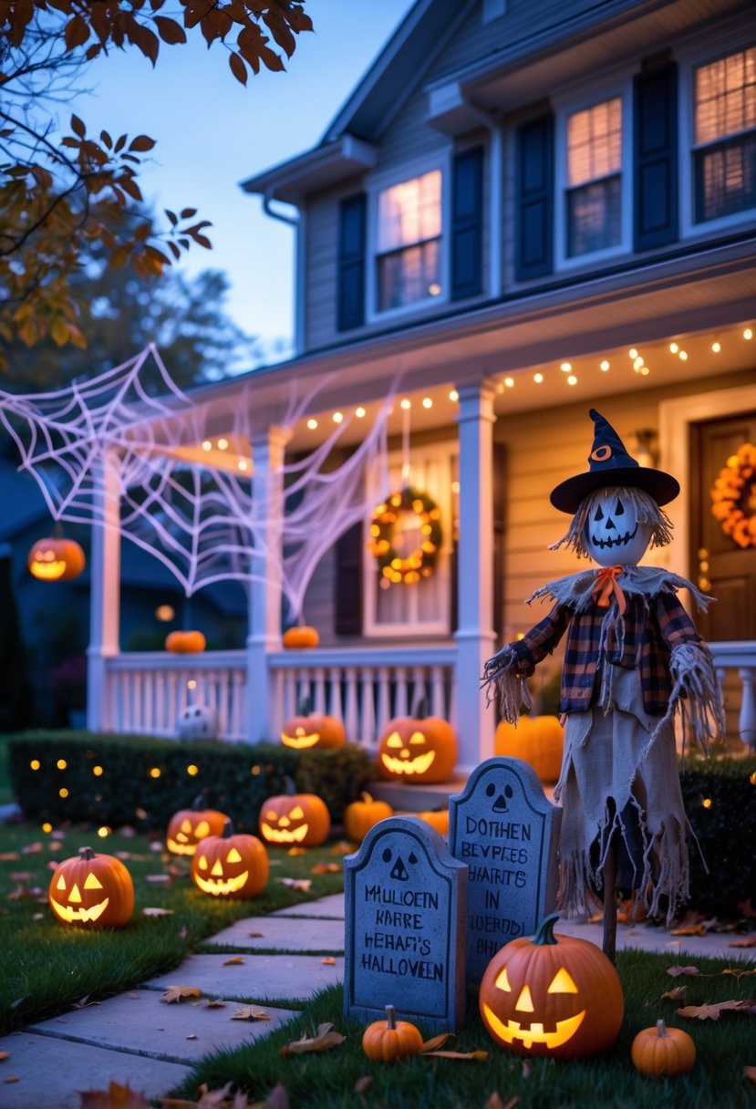 A front yard decorated for Halloween with pumpkins, spider webs, hanging ghosts, tombstones, and autumn leaves at dusk.