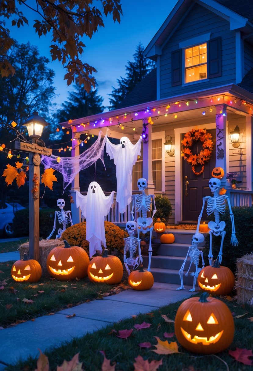 A front yard decorated with carved pumpkins, hanging ghosts, skeletons, string lights, cobwebs, hay bales, and autumn leaves at dusk.