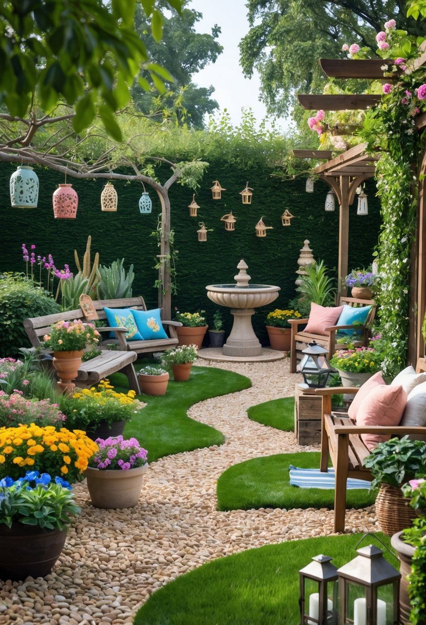 A colorful garden with various decorative items including pots, benches, lanterns, birdbaths, statues, a water fountain, pathways, and plants arranged outdoors.