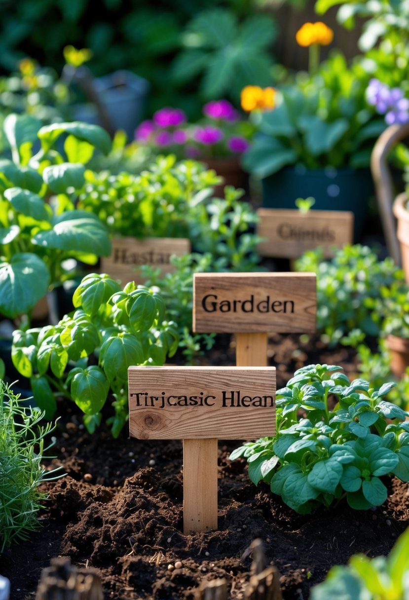 Close-up of rustic wooden plant labels in soil surrounded by green plants and flowers in a garden.