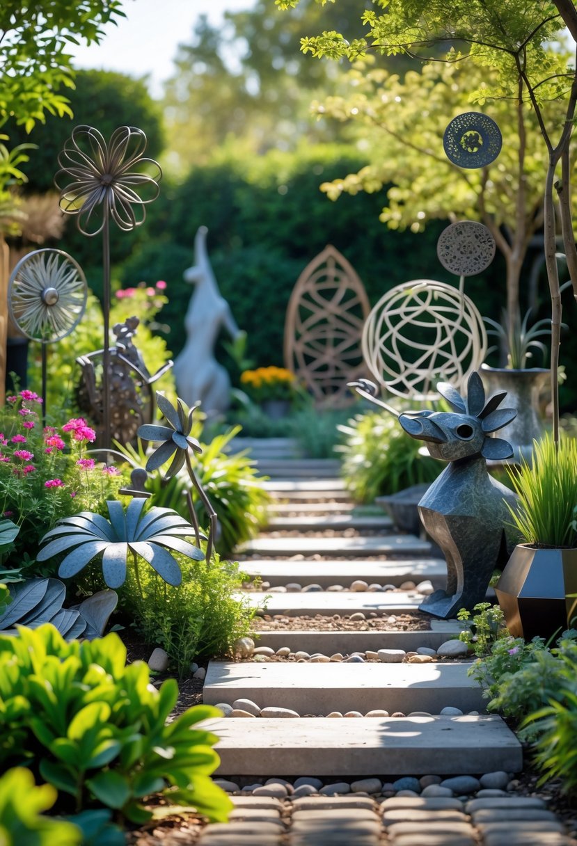 A garden with various decorative metal sculptures placed among plants and flowers.