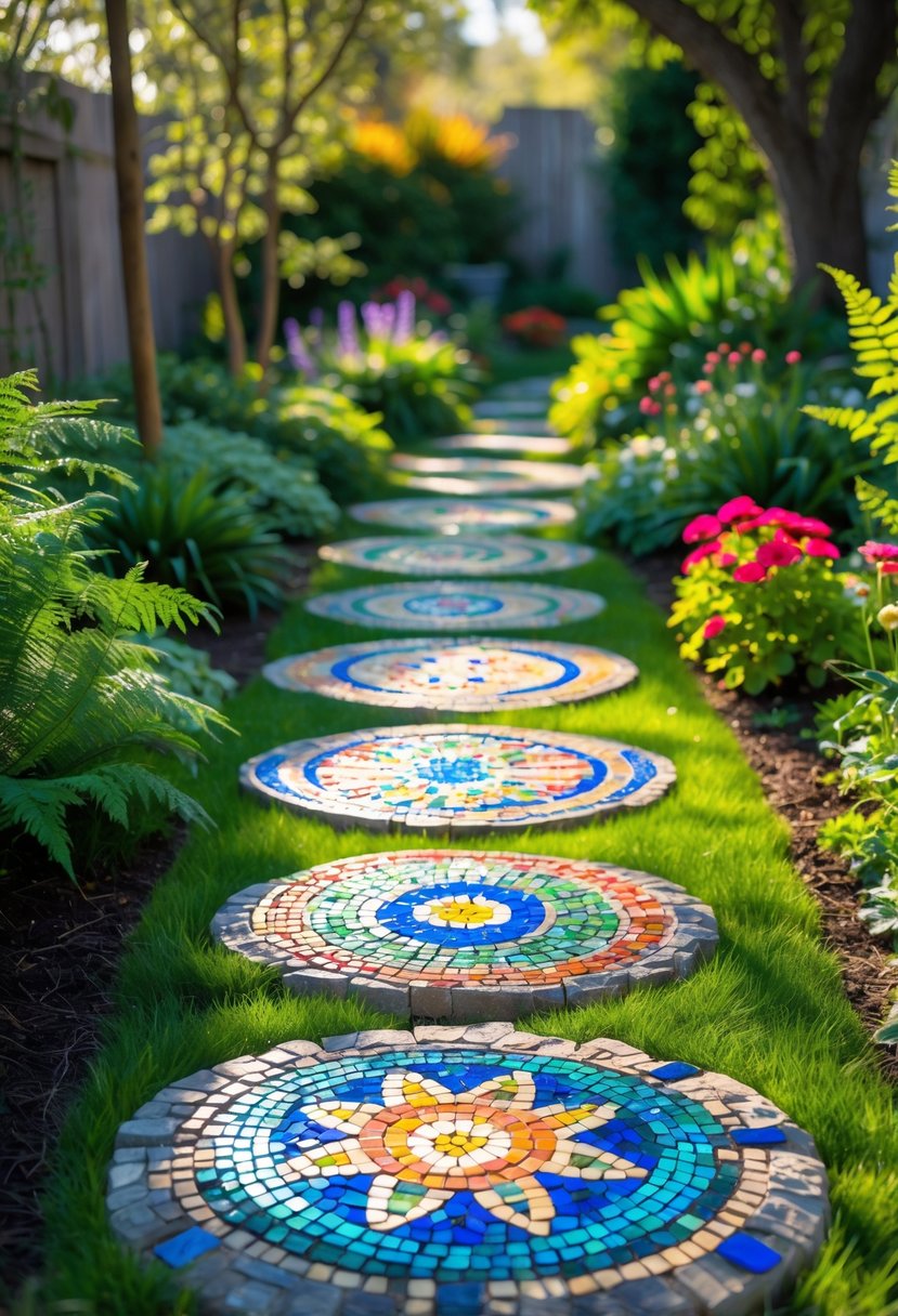 A garden pathway made of colorful mosaic stepping stones surrounded by green plants and blooming flowers under soft sunlight.