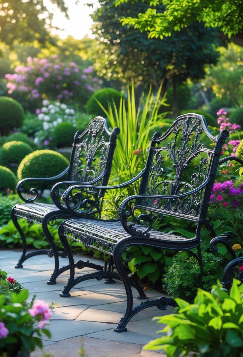 Two wrought iron garden benches placed on a stone patio surrounded by plants and flowers in a garden.