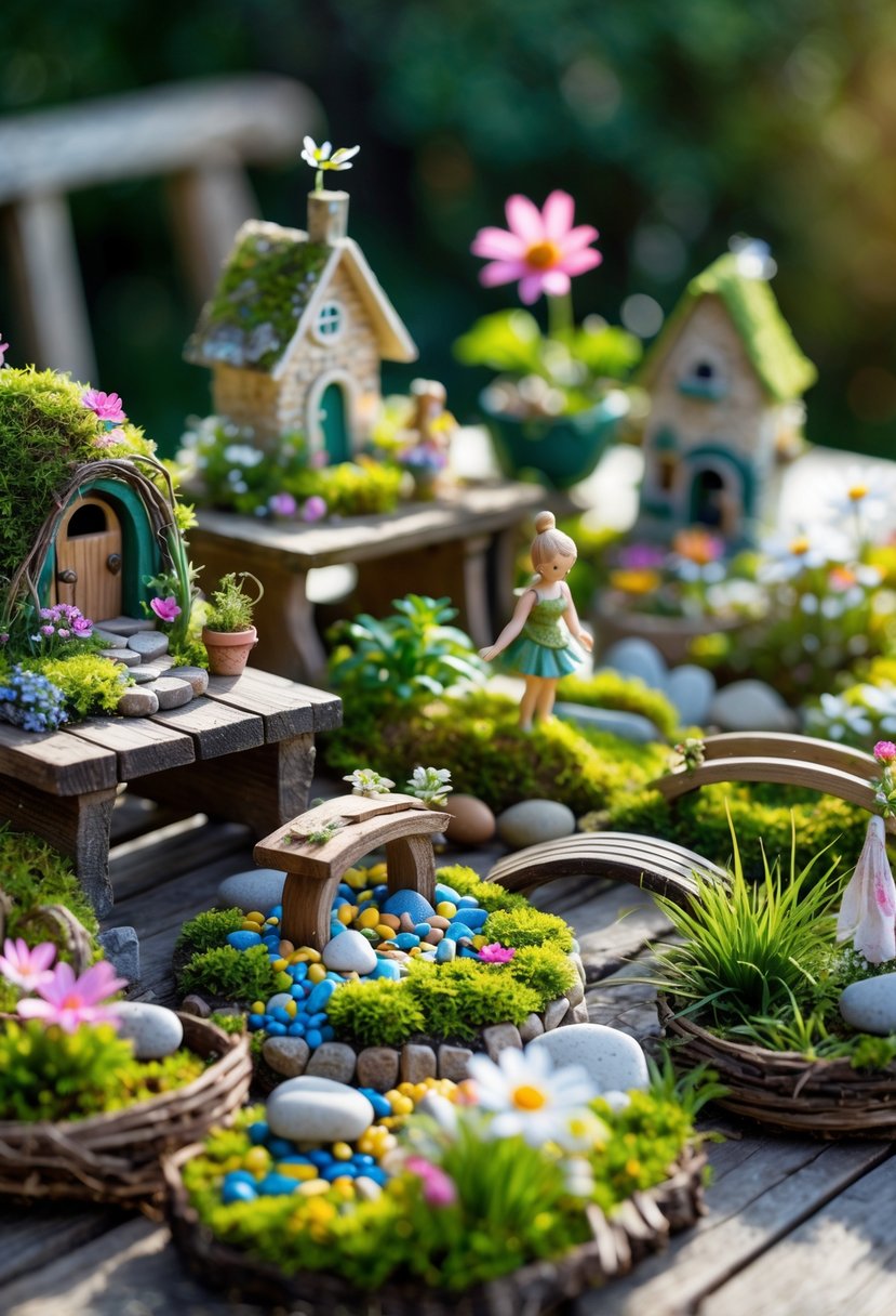 A collection of miniature fairy gardens with tiny houses, plants, and decorative accessories arranged on a wooden table outdoors.