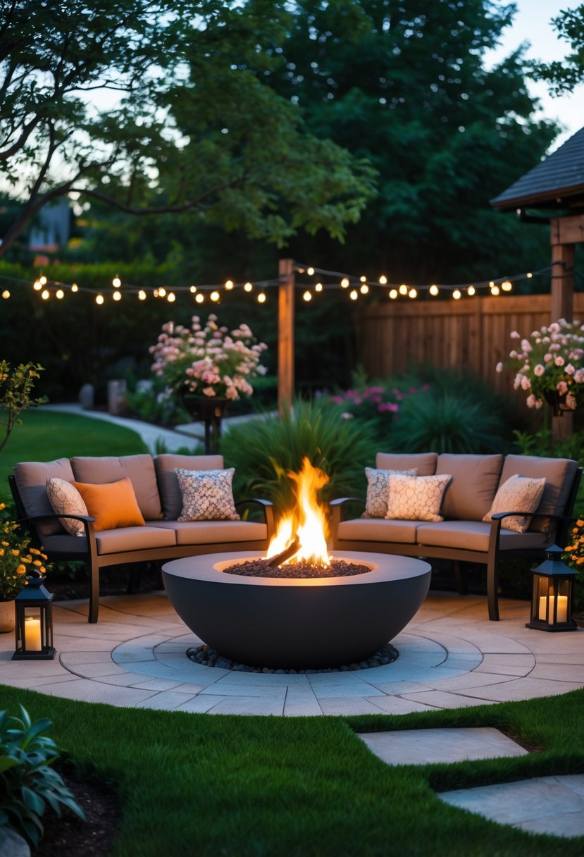 Outdoor garden with a lit fire pit surrounded by seating and plants, creating a warm and inviting atmosphere.