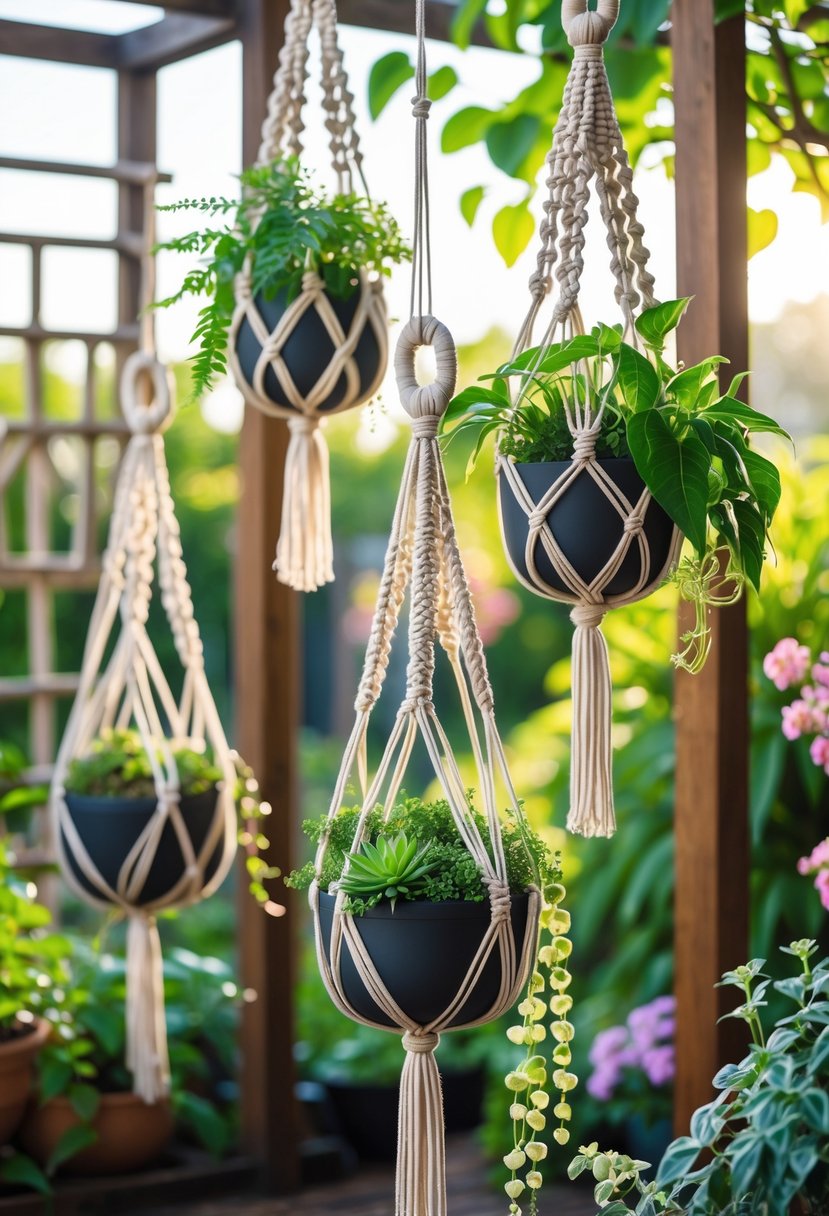 Several hanging macramé planters with green plants in a bright garden surrounded by flowers and wooden trellises.