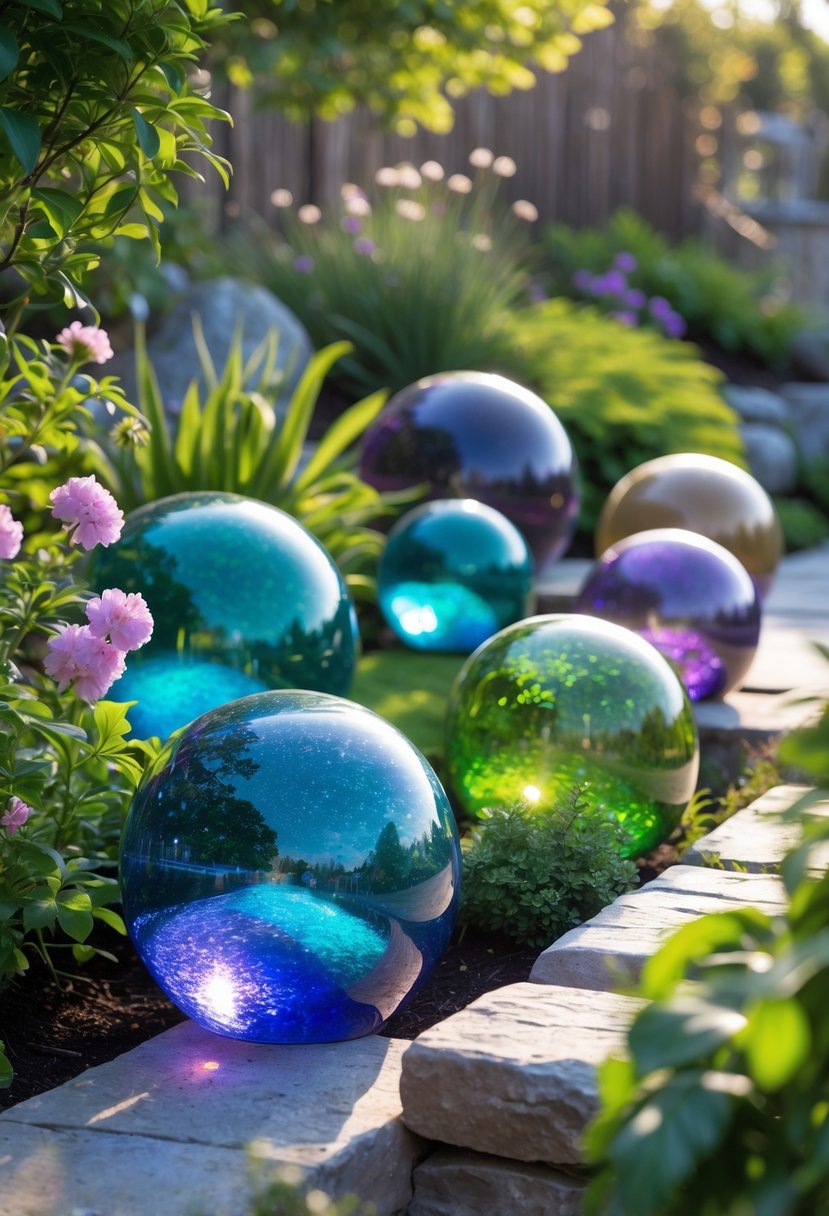 A garden with colorful recycled glass gazing balls placed among green plants and flowers.