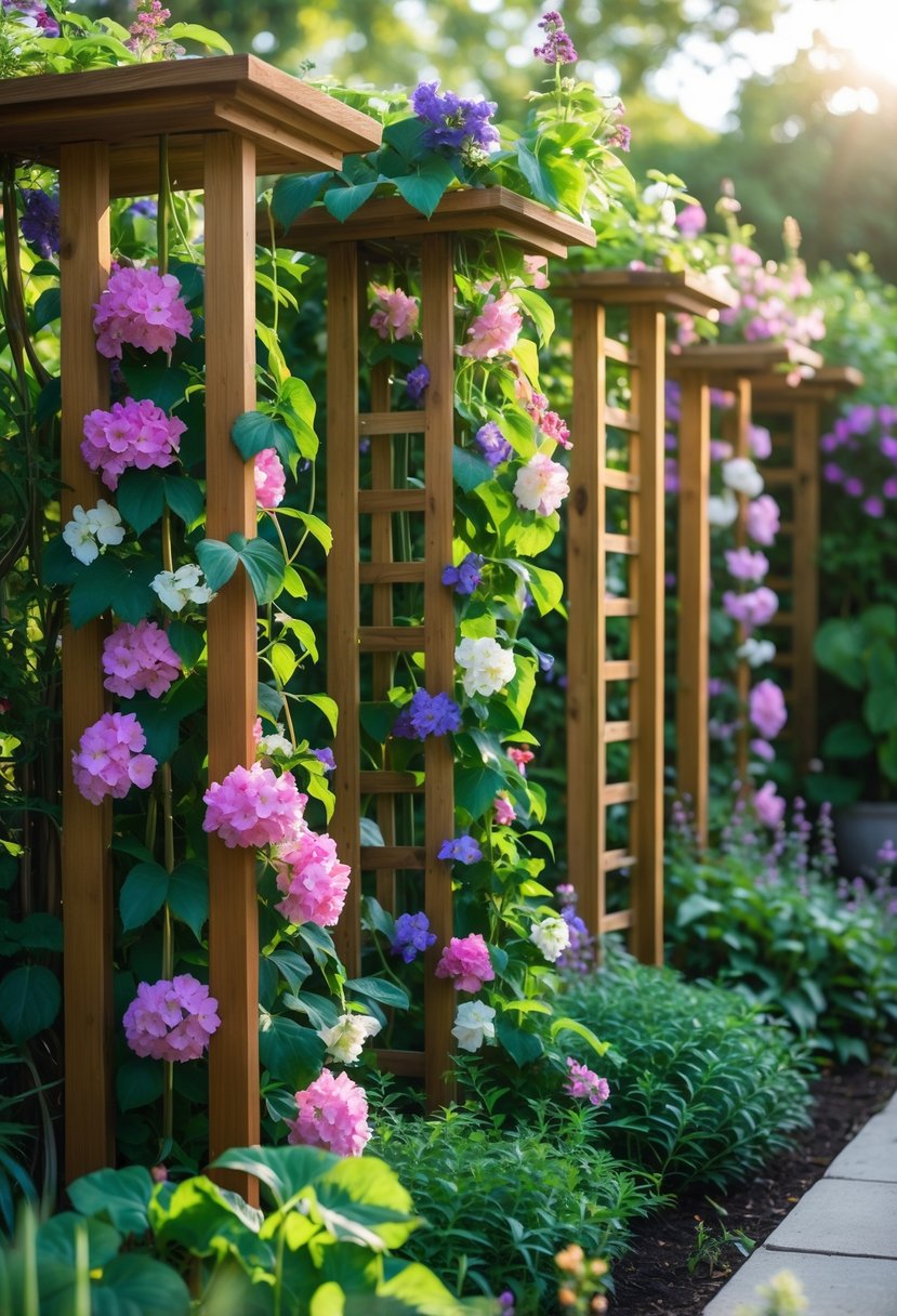 Garden scene with wooden trellises covered in colorful climbing flowering vines surrounded by green plants.