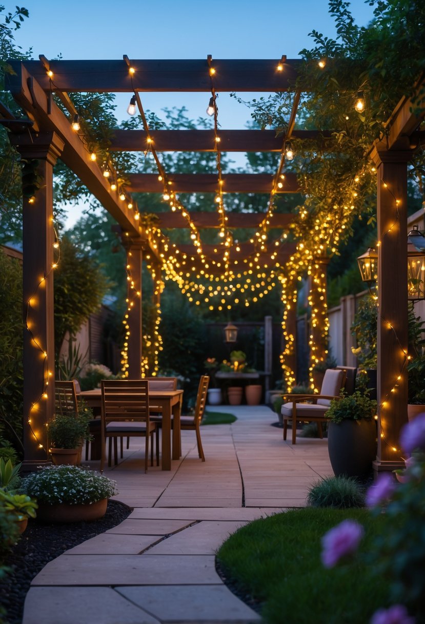 Outdoor garden with pergolas decorated with glowing string lights surrounded by plants and garden furniture.