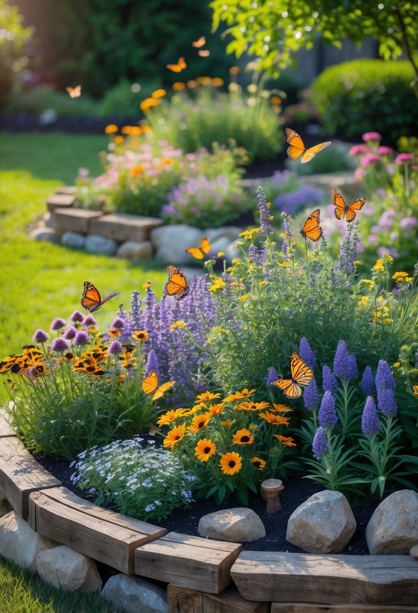 A colorful flower bed filled with blooming flowers and butterflies in a garden with greenery and decorative elements.
