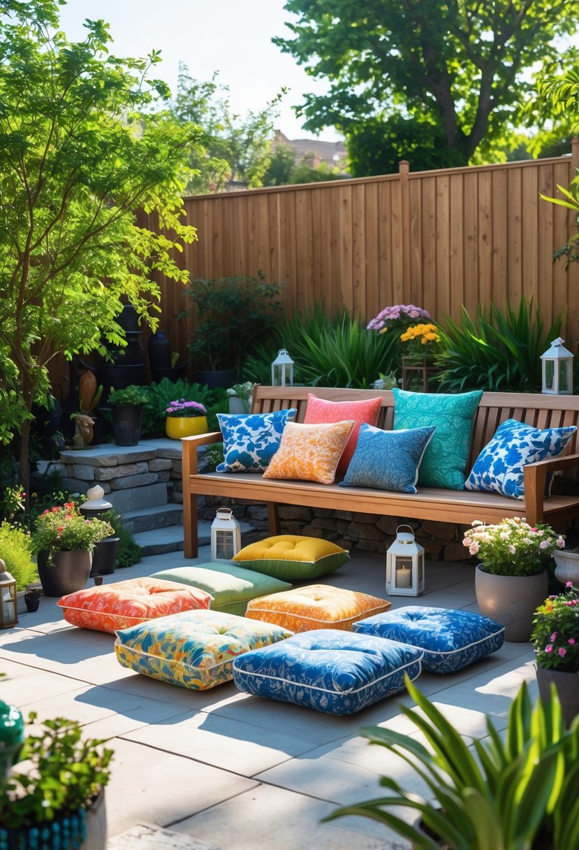 Outdoor patio with colorful weather-resistant cushions on wooden furniture surrounded by plants and garden decorations.