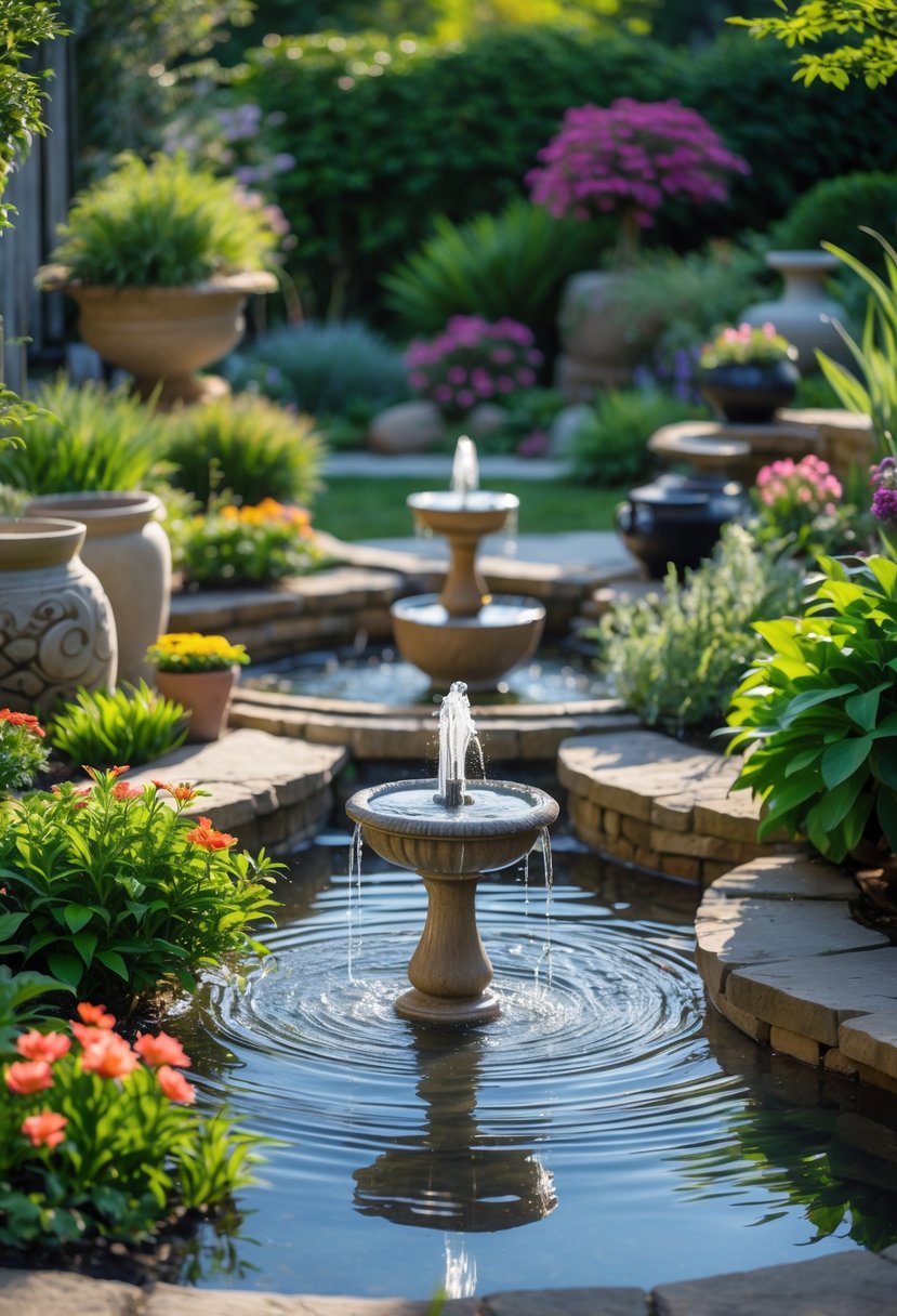 A garden with small fountains surrounded by plants, flowers, and decorative stones.