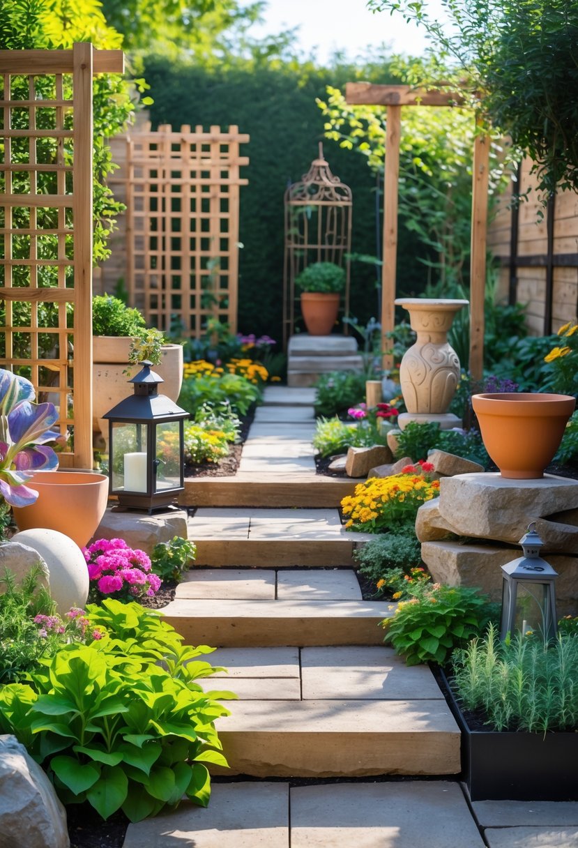 A garden with various decorative materials including wooden trellises, ceramic pots, stone sculptures, metal lanterns, and colorful flowers arranged in a green outdoor space.