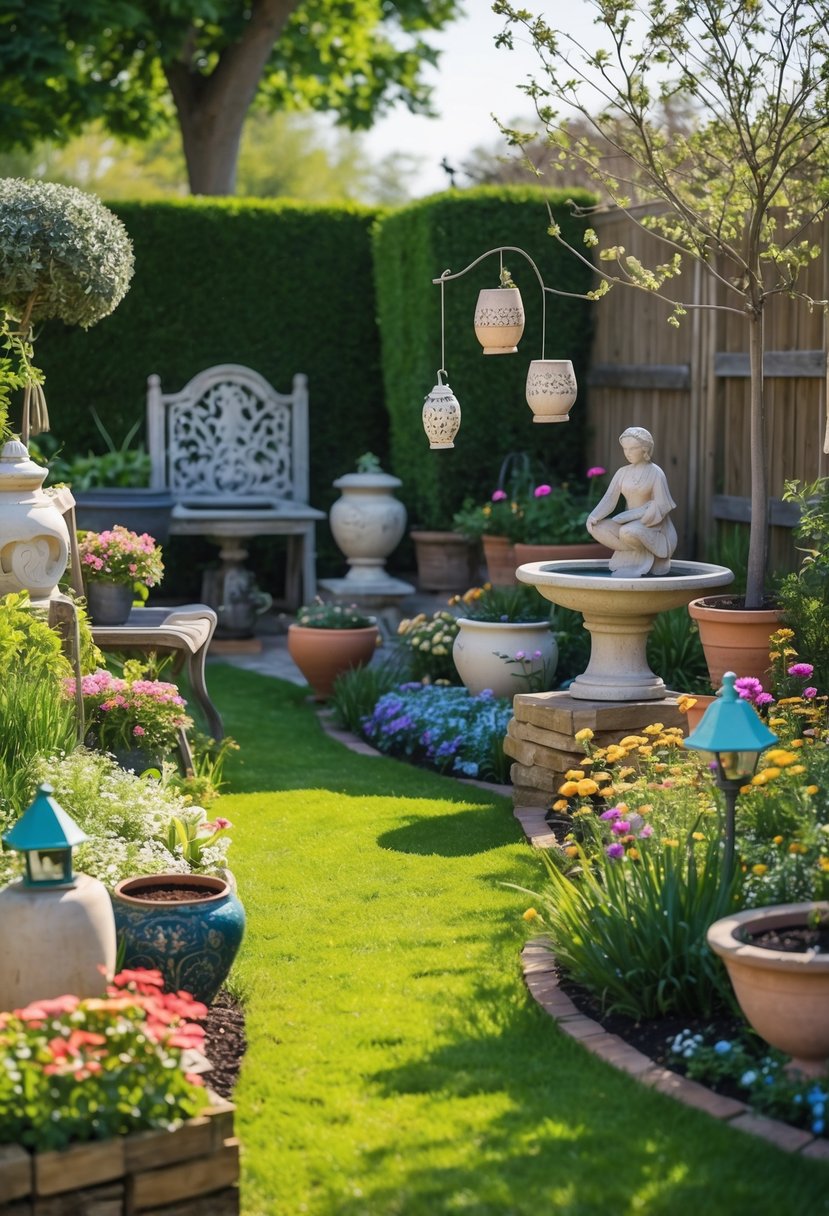 A garden with green grass, colorful flowers, stone statues, wooden benches, hanging lanterns, ceramic pots, birdbaths, solar lights, and wind chimes in natural sunlight.