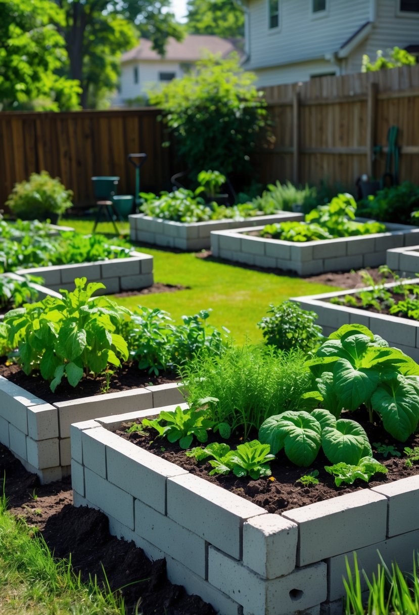 A backyard garden with several concrete block raised beds filled with green plants and vegetables under natural sunlight.