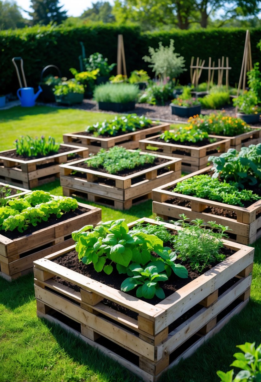 Fifteen raised garden beds made from recycled wooden pallets filled with various plants in an outdoor garden under a clear sky.