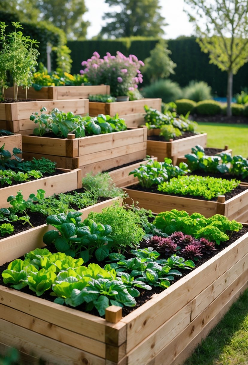Outdoor garden with 15 tiered wooden raised beds filled with various plants and vegetables.
