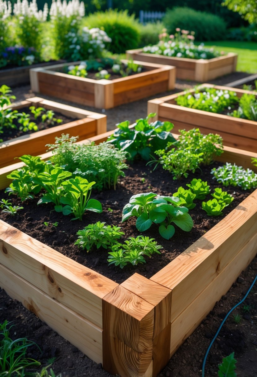 A cedar raised garden bed with corner joints filled with plants and soil in a sunny outdoor garden setting.