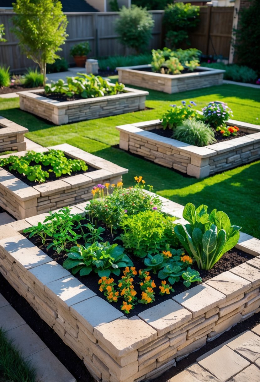 Outdoor garden with several stone veneer raised garden beds filled with plants and flowers in a sunny backyard.