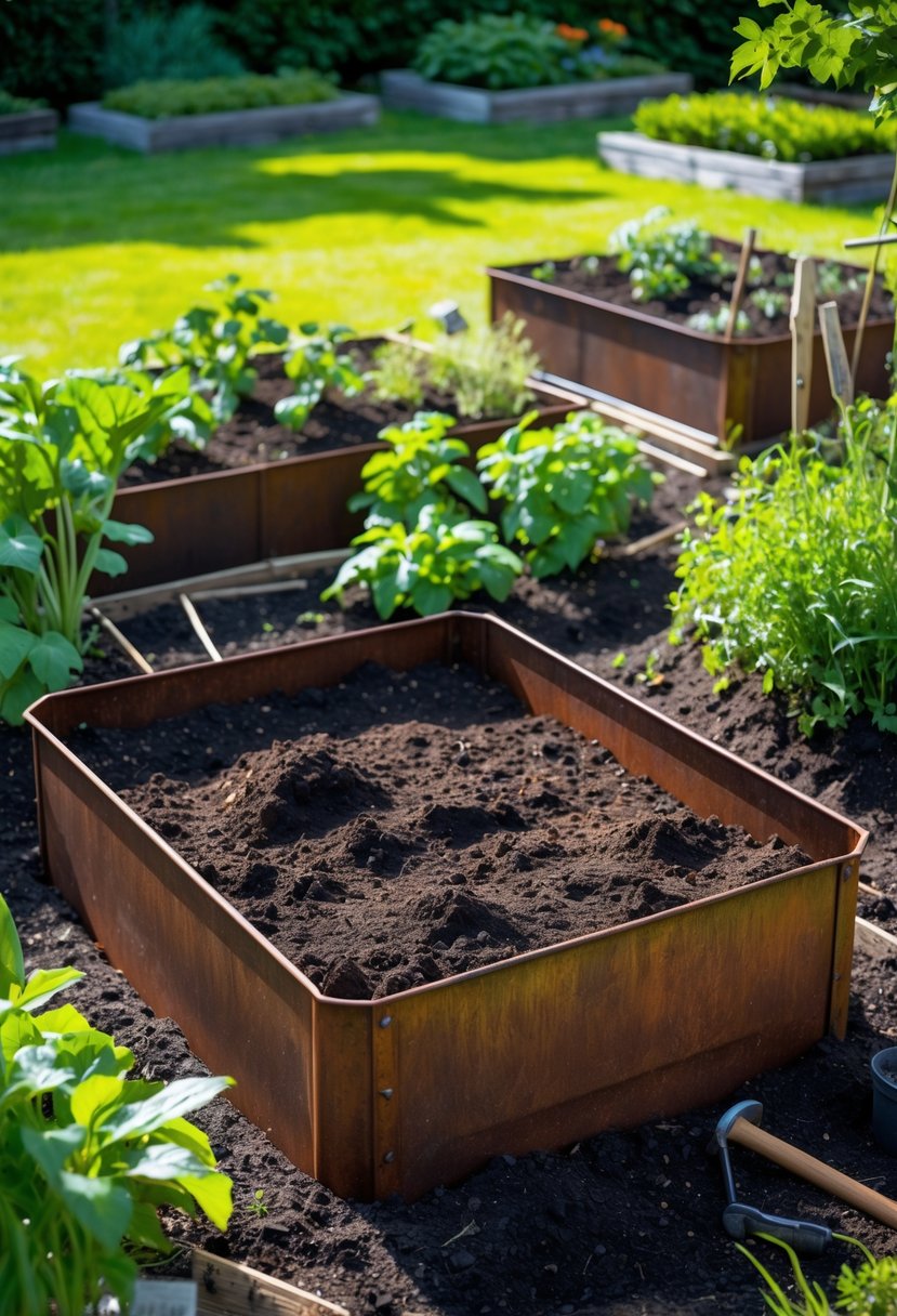 A metal raised garden bed with a rust finish filled with soil in a garden surrounded by grass and plants.