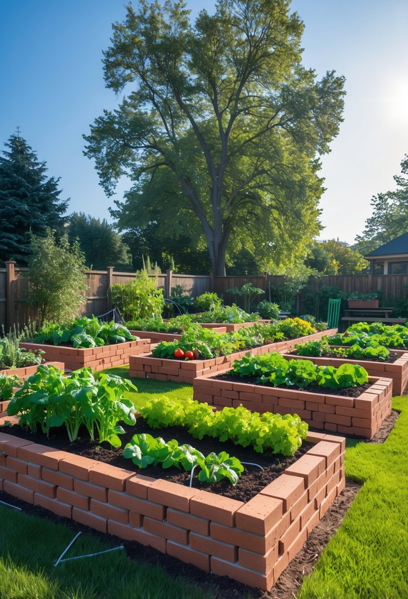 A backyard with 15 brick raised vegetable garden beds filled with various healthy vegetable plants and clear pathways between them.