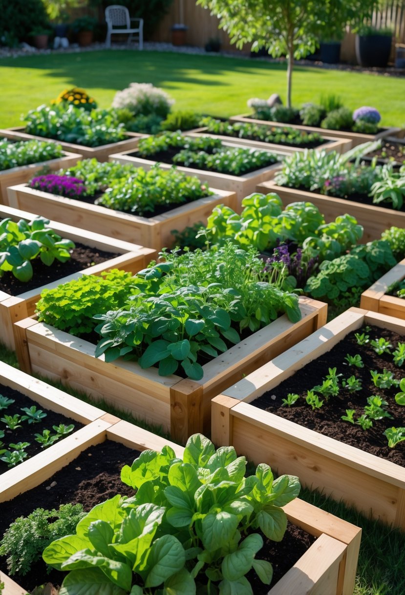 Outdoor scene showing 15 wooden raised window box garden beds filled with various plants and flowers arranged neatly in a garden.