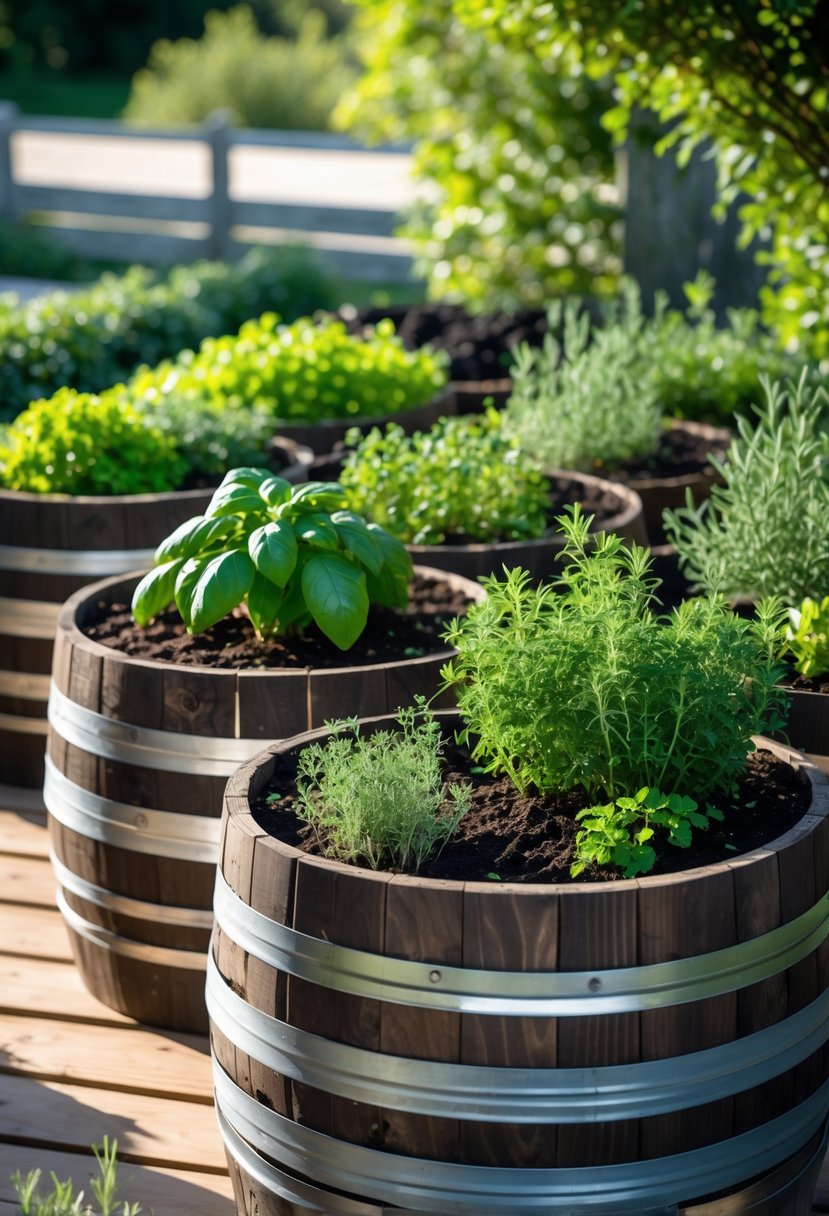 A half-barrel raised herb garden with 15 individual garden beds filled with various fresh herbs outdoors.
