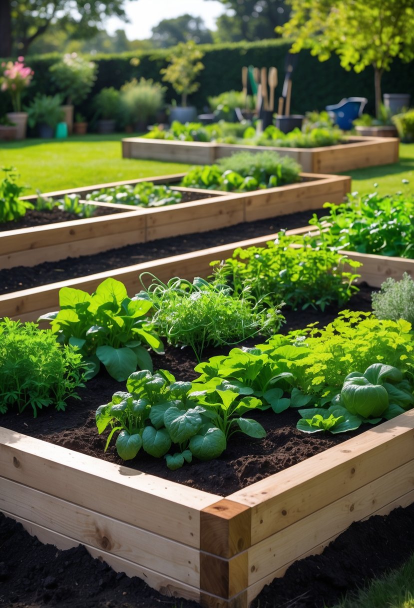 Sunken raised garden bed surrounded by multiple raised garden beds filled with various plants in a sunny backyard.