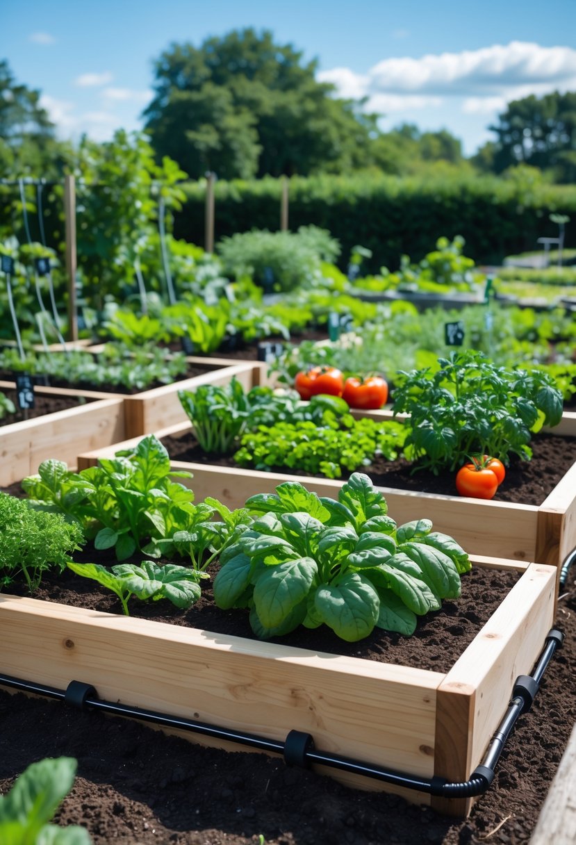 Outdoor garden area with multiple wooden raised beds filled with healthy plants and a drip irrigation system installed.