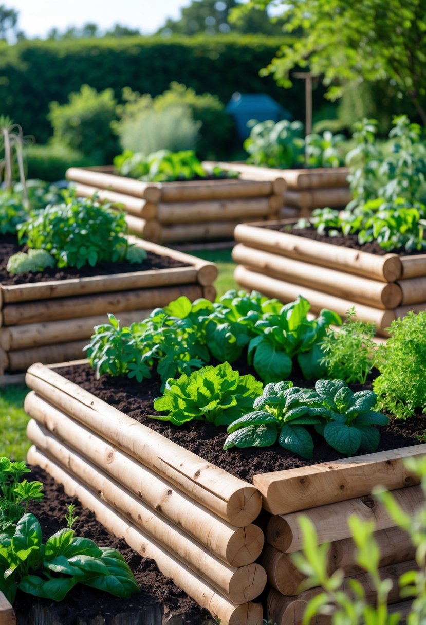 A garden with several stacked log raised beds filled with soil and green plants under a clear sky.