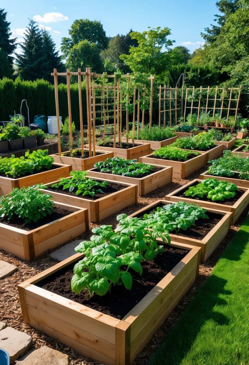 A backyard garden with 15 wooden raised beds, some featuring trellis supports with climbing plants, surrounded by grass and garden paths.