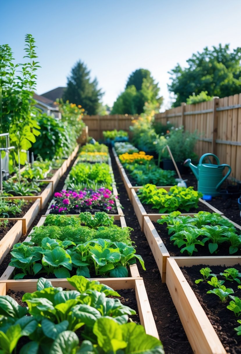 An outdoor garden area with 15 neatly arranged raised garden beds filled with various plants and vegetables under a clear sky.
