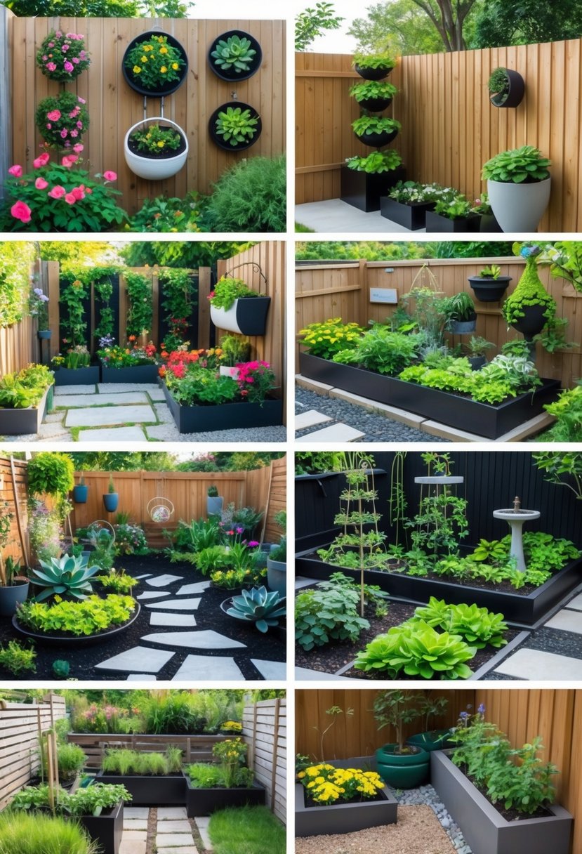 A variety of small garden designs including container plants, vertical gardens, raised beds, and rock gardens arranged outdoors with greenery and flowers.