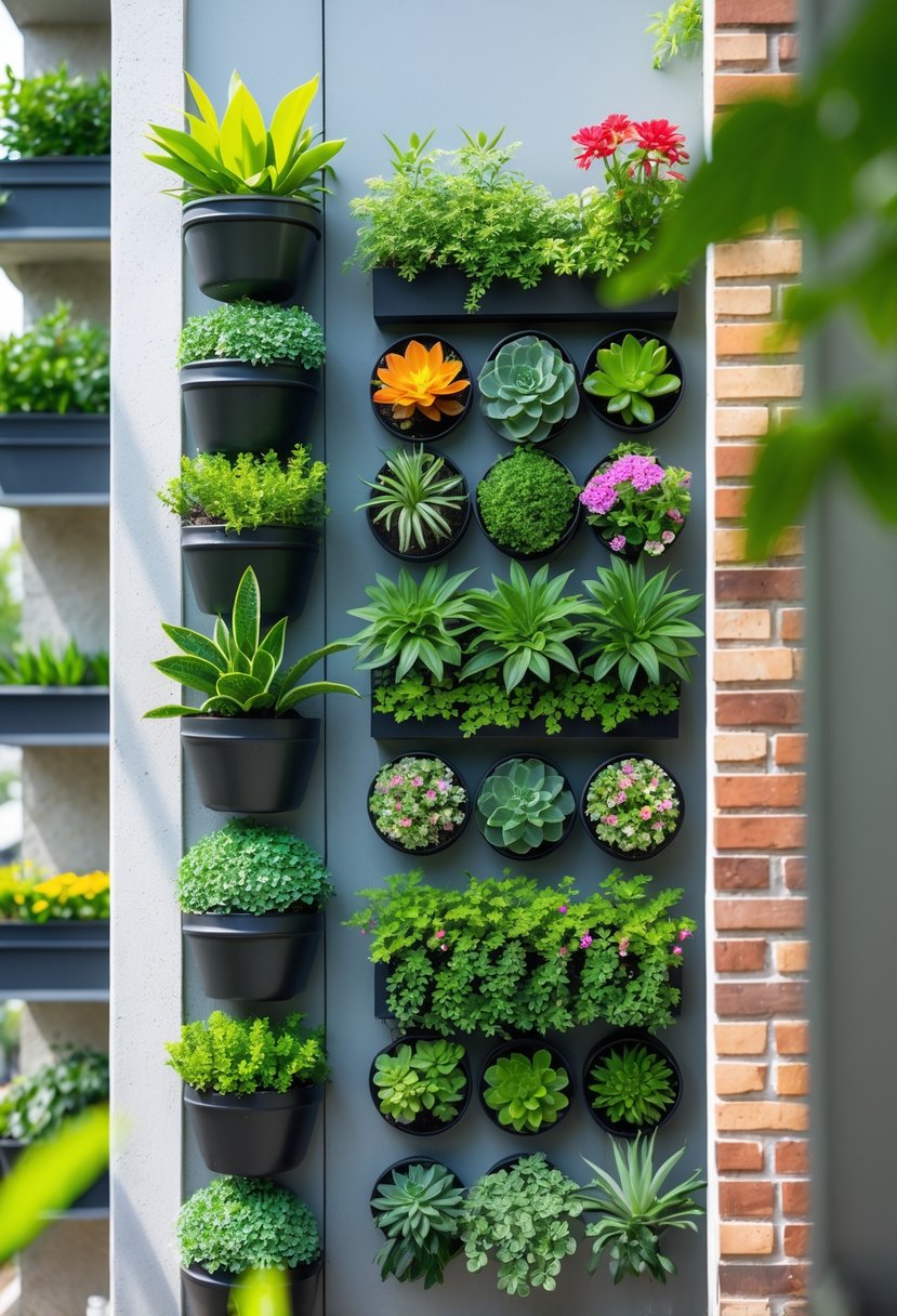 Several vertical garden walls filled with green plants and flowers arranged on walls in small outdoor spaces.