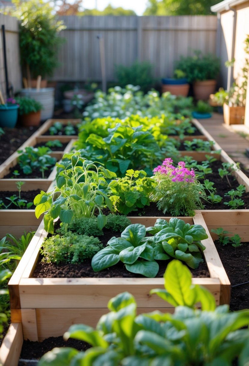 A backyard garden with several raised wooden planter beds filled with various plants and clear pathways between them.