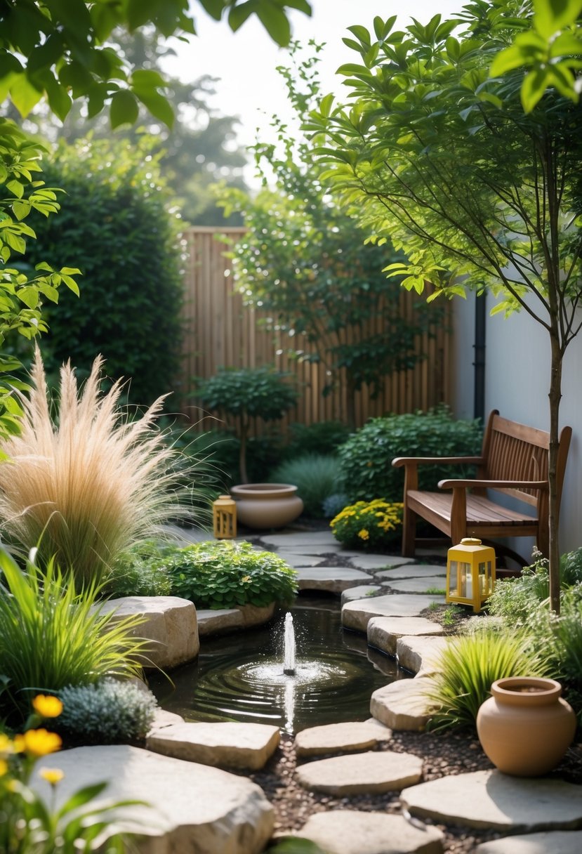 A small garden with a water feature surrounded by plants, stone pathways, and wooden benches under soft sunlight.