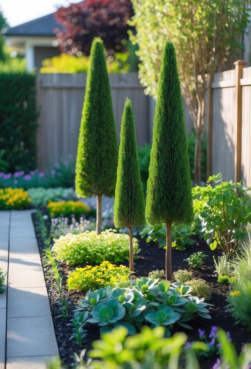 A small garden with compact dwarf trees adding height among neatly arranged plants and a paved pathway.