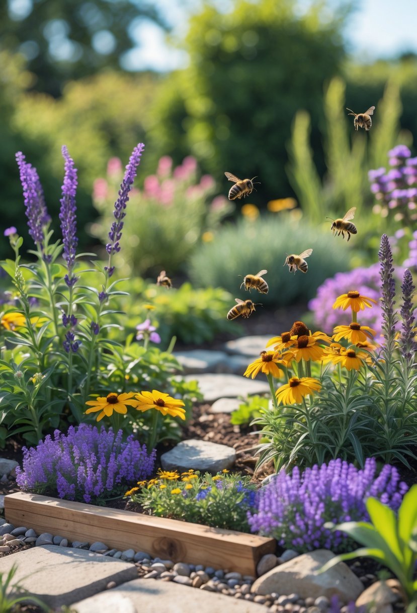 A small garden filled with colorful flowers attracting bees and butterflies, with pathways and natural wooden borders under a sunny sky.