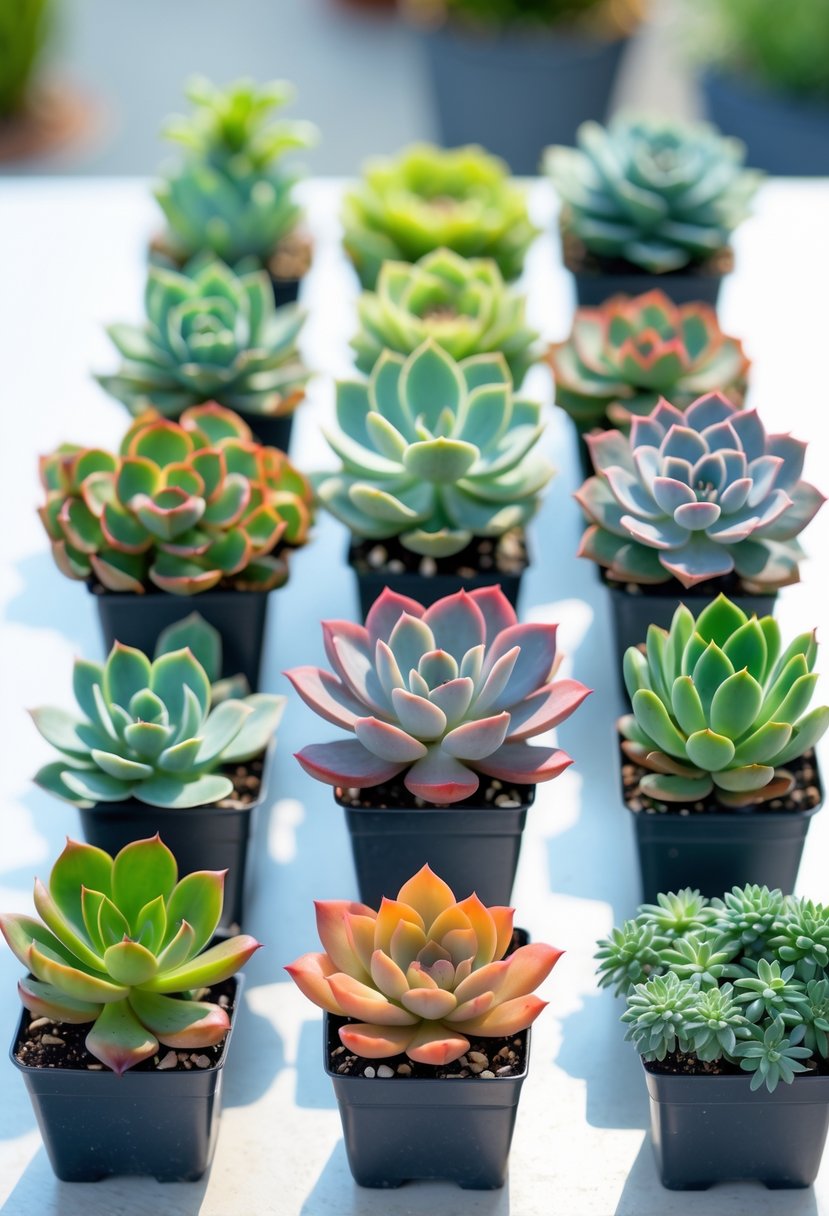 Fifteen small succulent garden arrangements with colorful plants in pots displayed on a bright surface.
