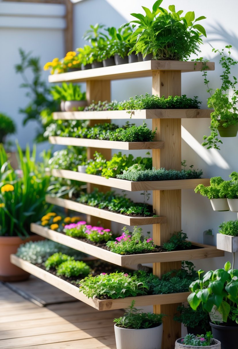 A multi-tiered wooden shelving unit filled with various green plants and colorful flowers arranged for small garden planting.