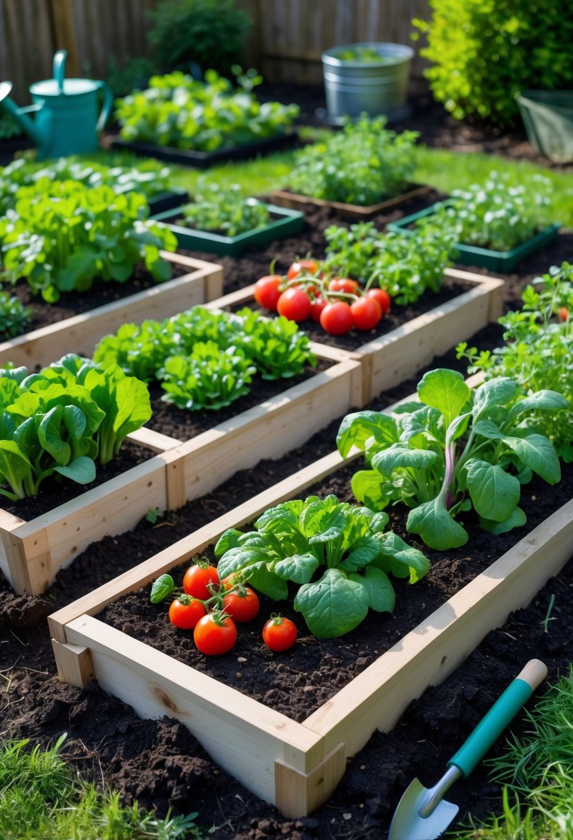 A backyard with several small garden patches growing various fresh vegetables and herbs in neat, raised beds.