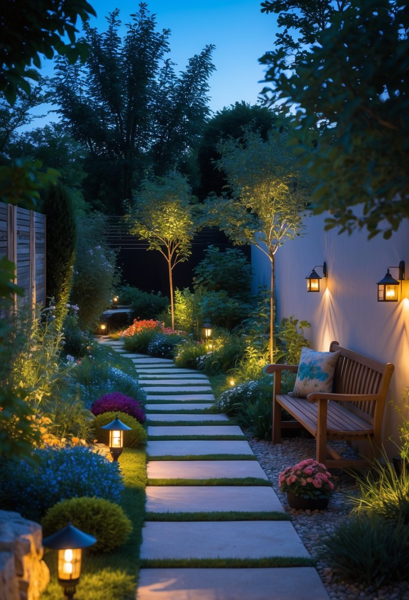 A small garden at dusk with outdoor lighting illuminating flower beds, pathways, shrubs, and a garden bench.