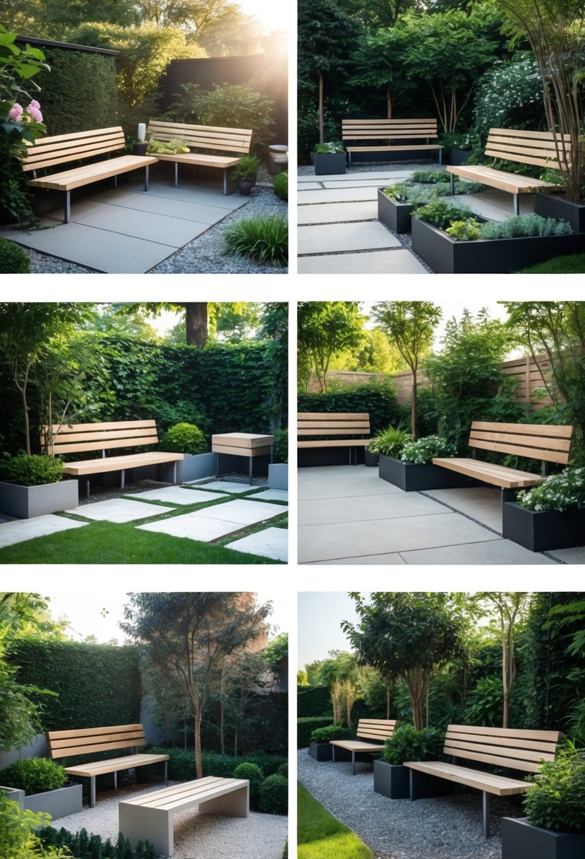 Multiple small garden seating areas with simple benches surrounded by plants and garden paths.