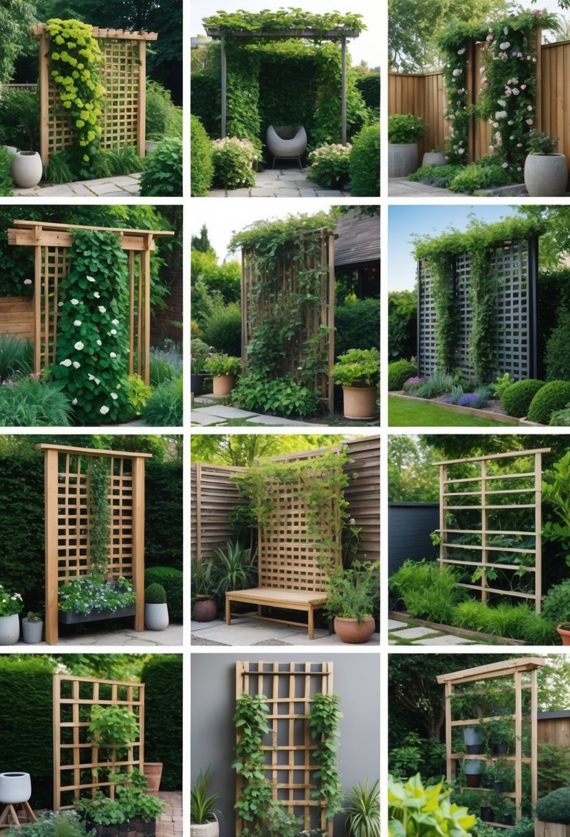 A small garden with climbing vines growing on various trellises, showcasing vertical greenery and different garden design ideas.