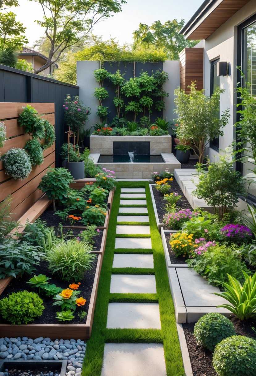 A small garden with various plants, flowers, seating areas, and decorative features arranged to maximize space and beauty.