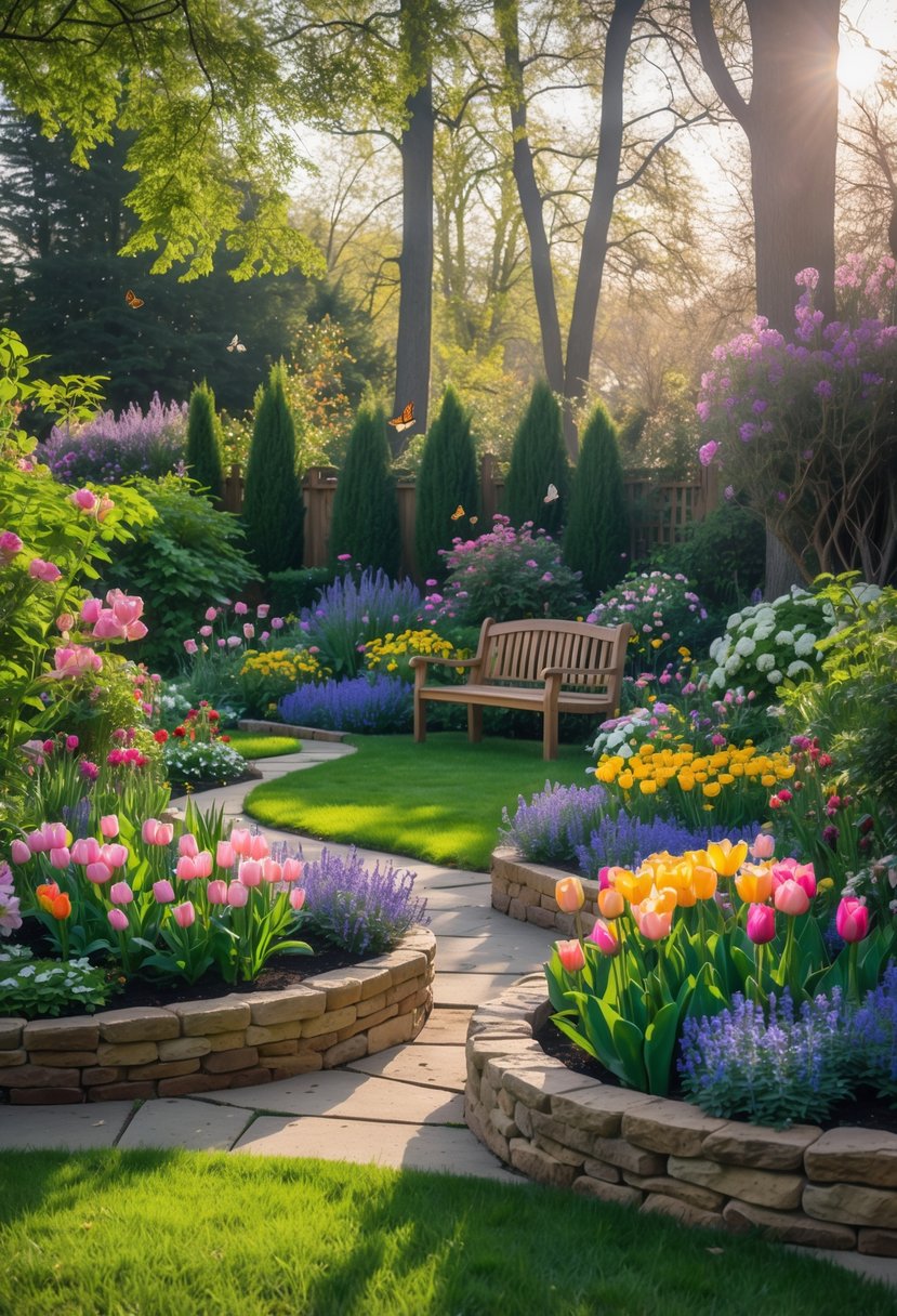 16 Backyard Flower Garden Ideas for Stunning Seasonal Blooms 2 A backyard flower garden with colorful blooming flowers, a wooden bench, green shrubs, and a stone pathway under soft sunlight.
