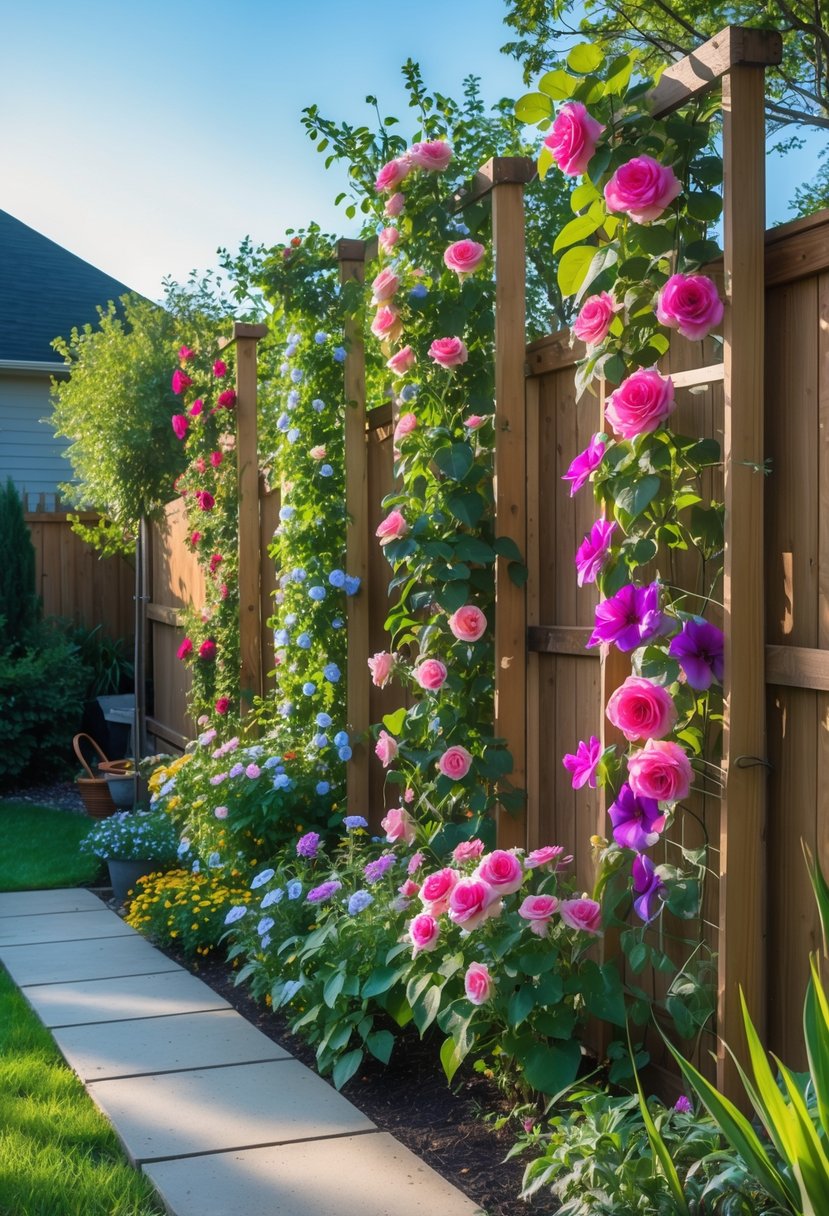 16 Backyard Flower Garden Ideas for Stunning Seasonal Blooms 4 A backyard flower garden with wooden trellises covered in colorful blooming flowers and green foliage.