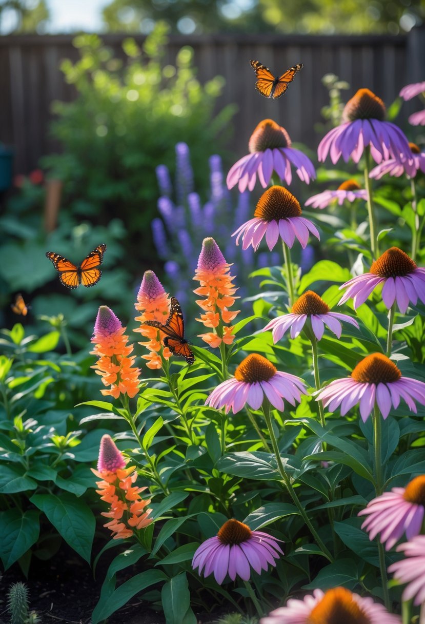 16 Backyard Flower Garden Ideas for Stunning Seasonal Blooms 5 A backyard flower garden with blooming milkweed and purple coneflowers attracting butterflies.