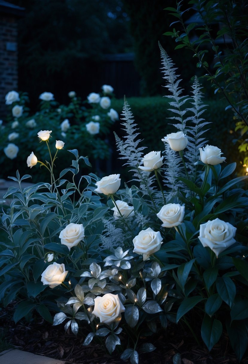 16 Backyard Flower Garden Ideas for Stunning Seasonal Blooms 7 A backyard garden at night with white and silver flowers softly illuminated by moonlight.
