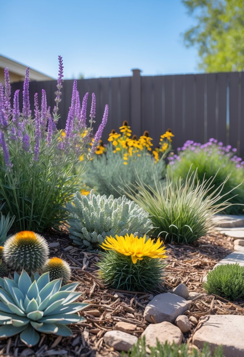 16 Backyard Flower Garden Ideas for Stunning Seasonal Blooms 8 A backyard flower garden with drought-tolerant plants, colorful flowers, stone pathways, and a wooden fence under a clear sky.